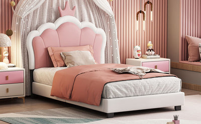 Twin Size Upholstered Princess Bed & Crown Headboard, Platform Bed With Headboard And Footboard - White / Pink