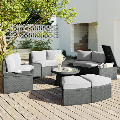 10 Piece Outdoor Sectional Half Round Patio Rattan Sofa Set