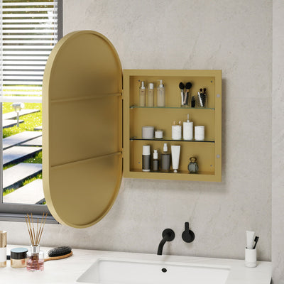 Oval Medicine Cabinet Mirror Bathroom Mirror With Storage Wall Mounted Medicine Mirror Cabinet With LED - Golden