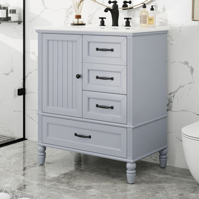 30" Bathroom Vanity With Sink, Bathroom Cabinet With A Door, 3 Drawers Legs, Adiustable Foot Pads - Gray