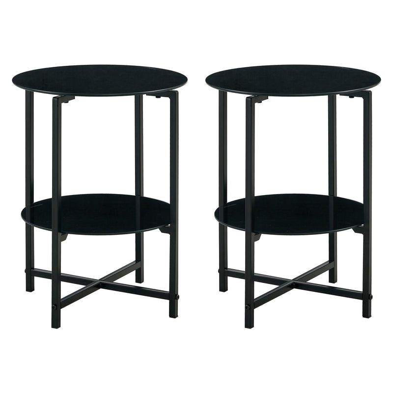 JWS Tempered Glass End Table (Set of 2), Round Coffee Table For Bedroom Living Room Office - Black