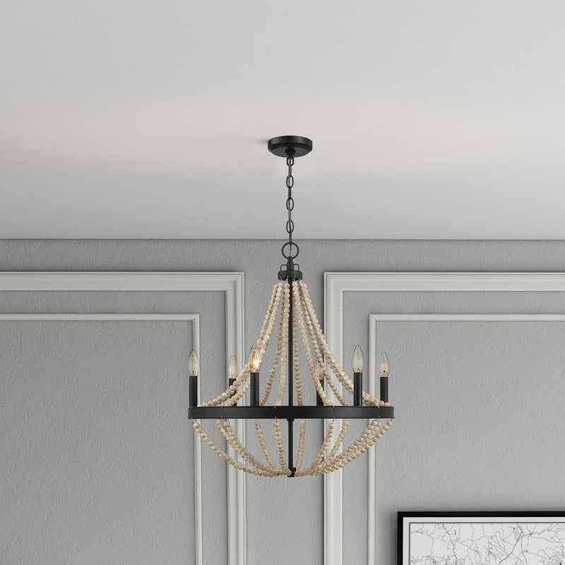 Starry - Chandelier Farmhouse Six Candle Light Wood Beaded Pendant Light For Dining Room - Black / Clear