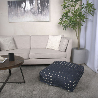Dalm - Fabric Square Pouf Ottoman With Polystyrene Beads Filling - Dark Blue / White