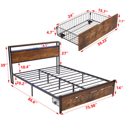 Modern Metal Platform Bed Frame With Wooden Headboard, USB Charging, LED Lights, And Storage