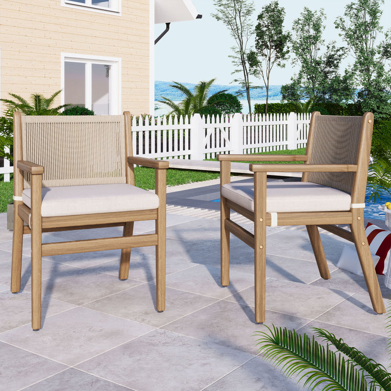 Outdoor Dining Chairs, Patio Armchair With Rope Design Back (Set of 2) - Light Brown