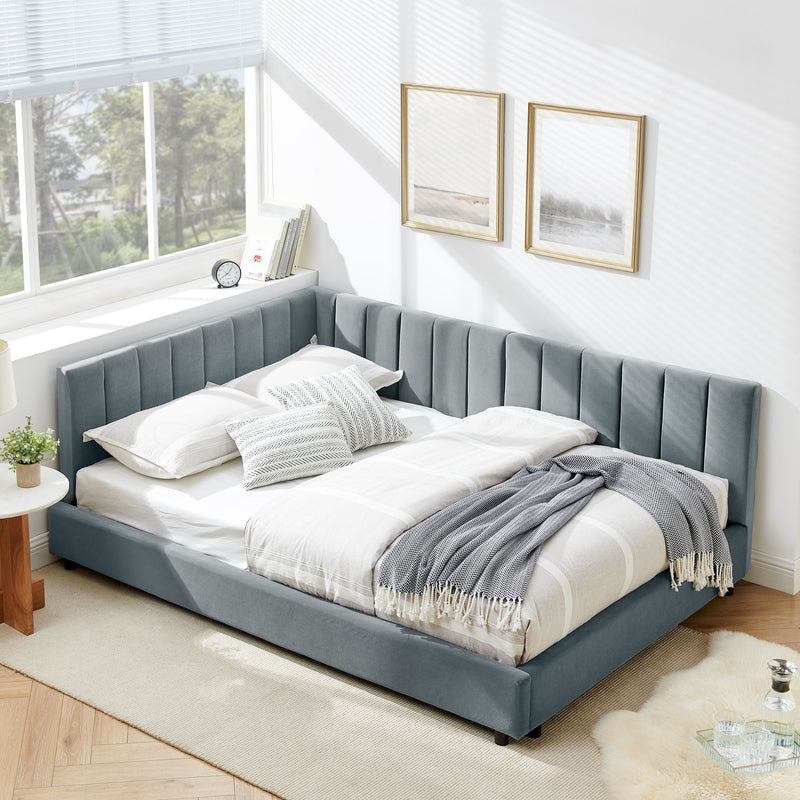 Mid-Century Upholstered Tufted Bed Frame With Backrest And Armrests