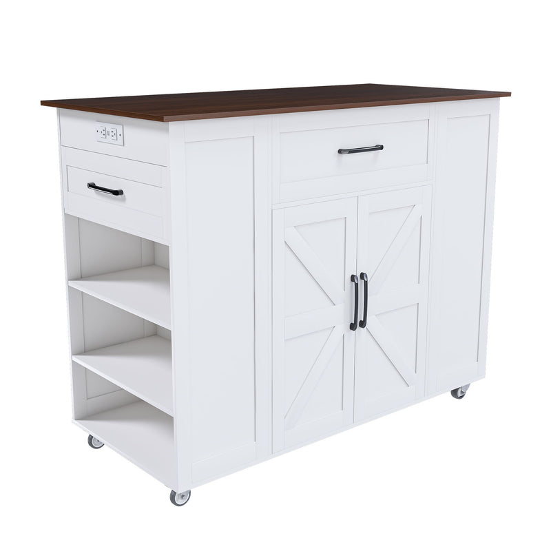 Rustic Movable Kitchen Island On Wheels With Storage & Power Outlet - White