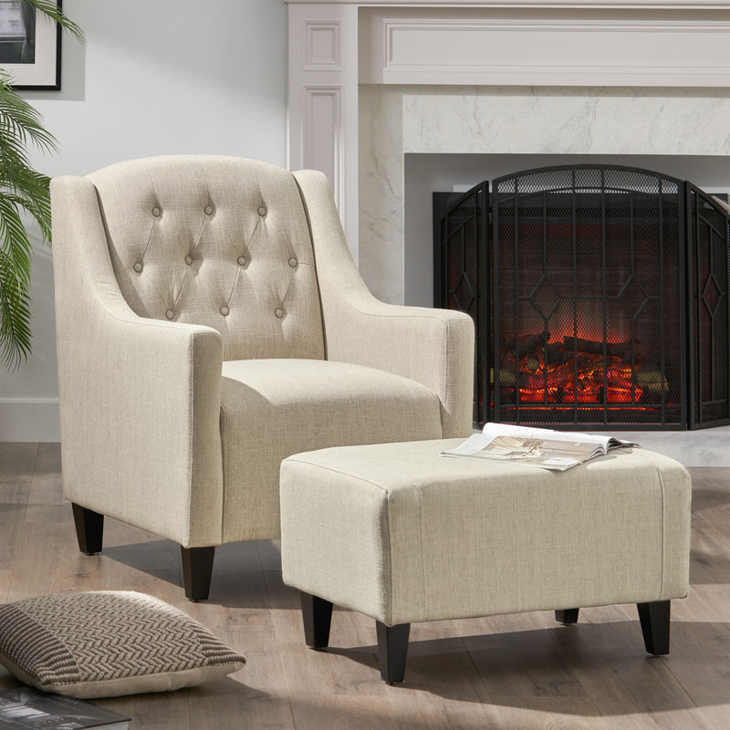 Elegant Upholstered Armchair With Ottoman Set - Beige