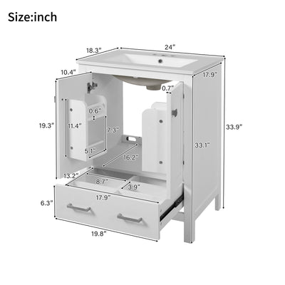 Bathroom Vanity With Integrated Undermount Ceramic Sink, 2 Doors And 1 Drawer, Soft Close Hinges