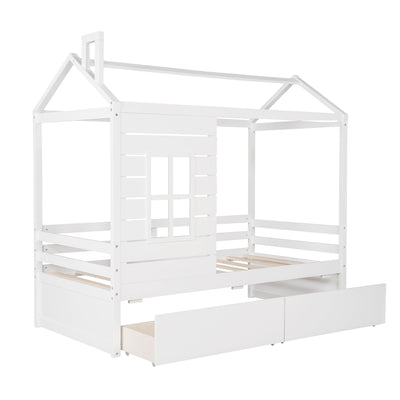 Twin Size Classic House Bed With 2 Drawers - White