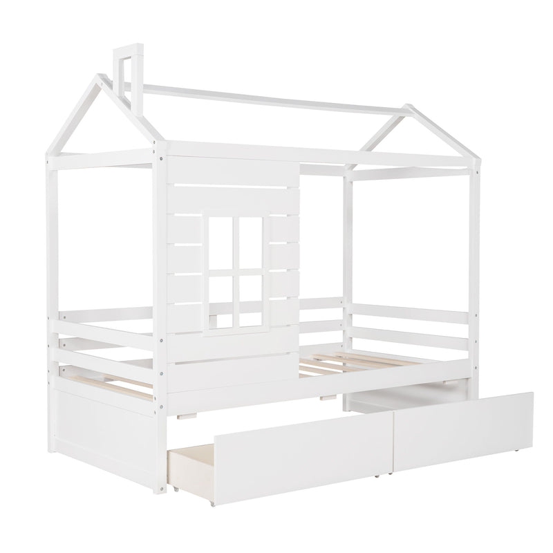Twin Size Classic House Bed With 2 Drawers - White
