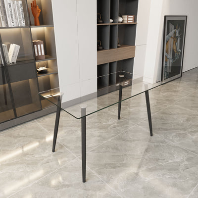 Modern Minimalist Rectangular Glass Dining Table With Tempered Glass Top Metal Legs, For 4 - 6 - Transparent