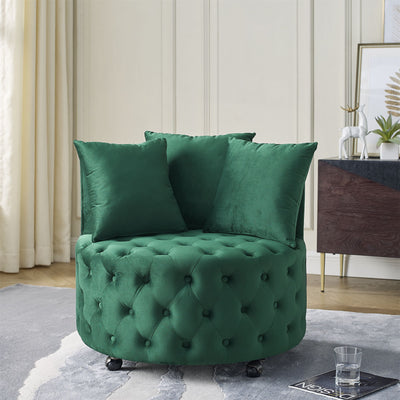 Modern Upholstered Swivel Chair With Button Tufted Design And Movable Wheels