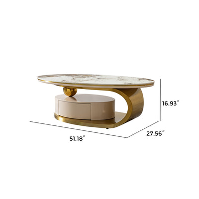 Modern Coffee Table Thick Sintered Stone Top With 2 Drawers Matt Stainless Steel Base - Gold