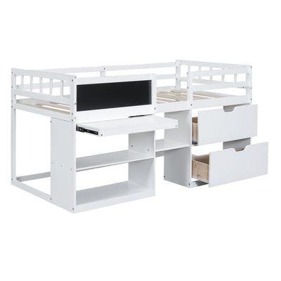 Low Loft Bed With Rolling Desk, Shelf And Drawers