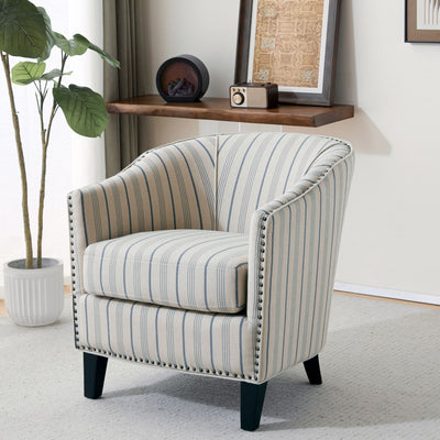 Transitional Upholstered Stripe Barrel Chair With Birch Wood Legs And Plush Cushioned Seat - Beige / Blue Stripe