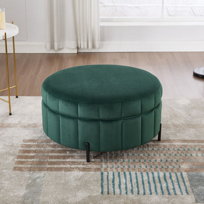 Upholstered Round Ottoman With Reversible Lid, Channel Tufted Pumpkin Shape