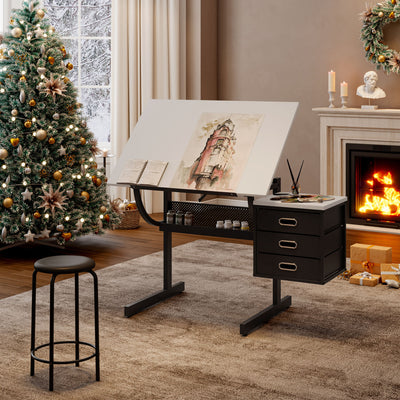Adjustable Drafting Drawing Table With Stool And 3 Drawers - White / Black