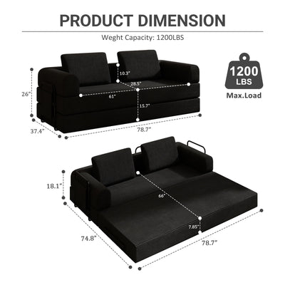 Convertible Sleeper Sofa Bed With Cylindrical Pillow, Fixed Shape Frame