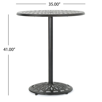 Elegant Cast Aluminum Round Bar Table With Romantic Filigree Design - Copper
