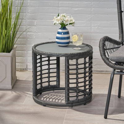 Achill - Outdoor Modern Boho Wicker Side Table With Glass Top - Gray