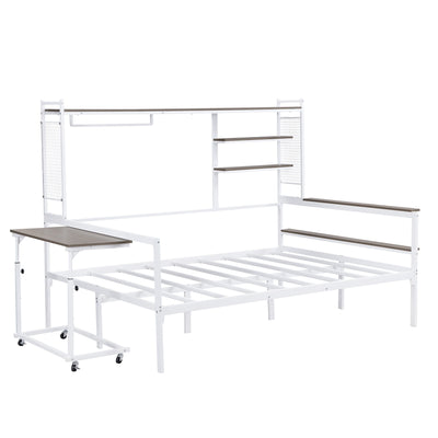 Daybed With Movable Desk, Grid, Shelves And Clothes Hanger