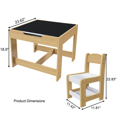 3 In 1 Kids Study Table & Chairs Set Multi Functional Activity Table With Detachable Blackboard Top - Natural Wood
