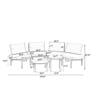 6 Piece Patio Set, Half Moon Outdoor Sectional Sofa With 2 High Low Coffee Tables, 4 Pillows & Cushions