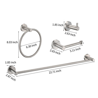 Bathroom Set 4 Pack With Towel Bar Racks, Toilet Paper Holder, Ring, Hook, Stainless Steel - Brushed Nickel