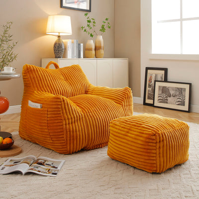 Giant Plush Bean Bag Chair With Armrests And Footstool