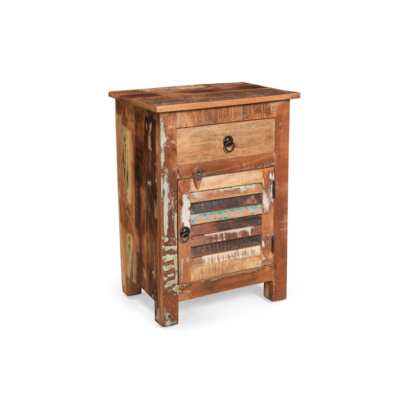 Recycled Wood Side Table With Drawer And Door - Natural