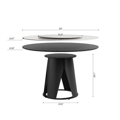 Modern Sintered Stone Dining Table With Round Turntable And Metal Pedestal - White