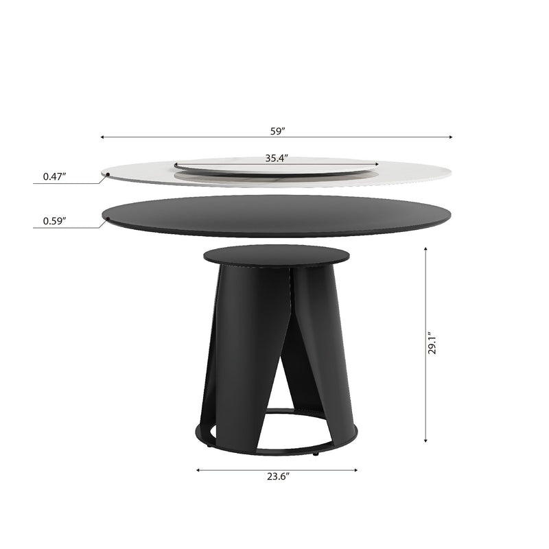 Modern Sintered Stone Dining Table With Round Turntable And Metal Pedestal - White