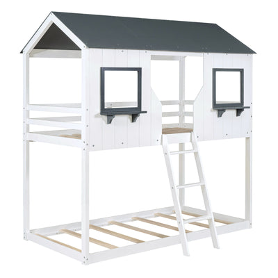 Twin Over Twin Bunk Bed With Roof, Window, Guardrail, Ladder