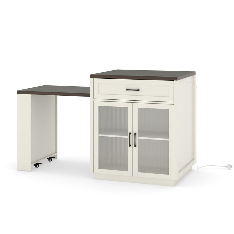 Extendable Kitchen Island With Slide Out Table And Storage Racks For 2 - 6 Person, Power Outlet, Bar, Prep Station - Creamy White / Walnut