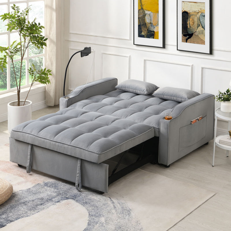 Modern Velvet Loveseat Futon Sofa With Pullout Bed, Adjustable Reclining Backrest, Toss Pillows