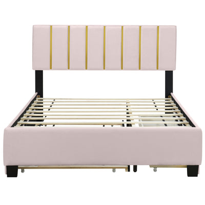 Upholstered Platform Bed With 2 Drawers And 1 Trundle, Classic Strip Headboard Design