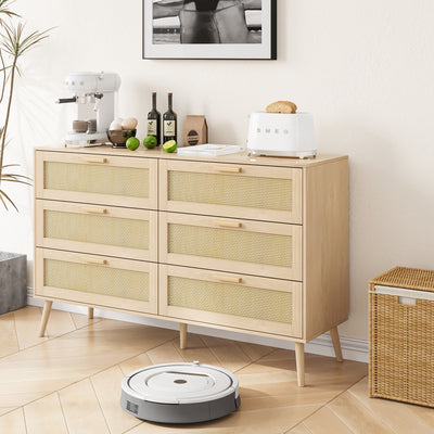 Rattan 6 Drawers Chest Of Dressers For Bedroom, Modern 6 Drawer Dresser, Wide Chest Of Drawers With Wood Handles, Rattan Dresser Storage Cabinet For Living Room, Bedroom, Hallway - Natural Wood / Oak