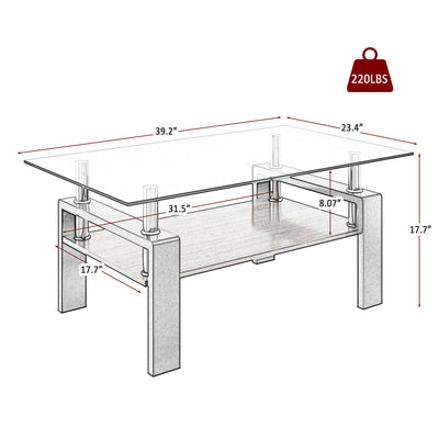 Modern Rectangular Coffee Table With Tempered Glass Top Layer, Table For Living Room - Transparent