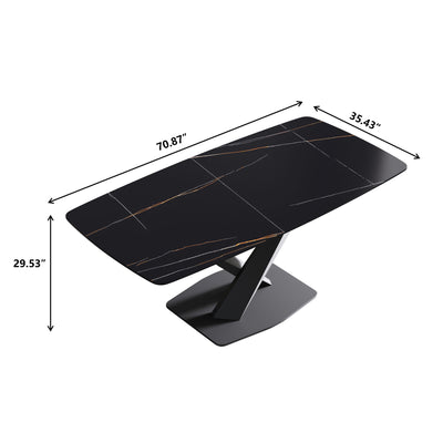 70.87" Modern Artificial Stone Black Curved Black Metal Leg Dining Table, Can Accommodate 6-8 People - Black