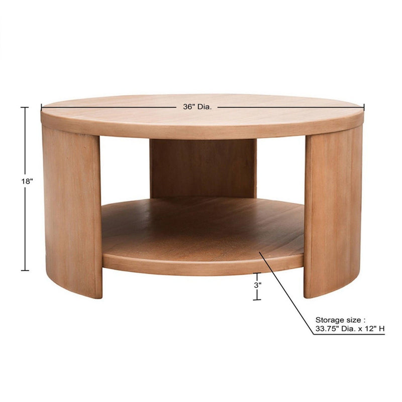 Modern Minimalist Round Coffee Table With Shelf Storage - Natural
