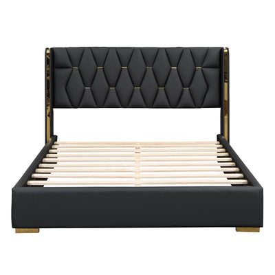 Upholstered Platform Bed With Strips - Black