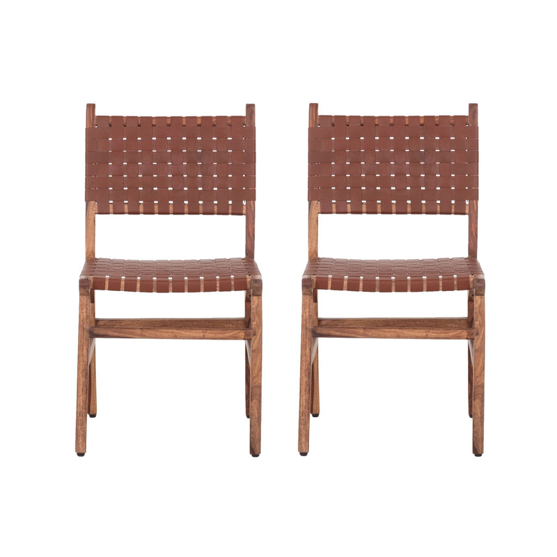 Rustic Wooden Dining Chair (Set of 2) With Genuine Leather Woven Upholstery - Brown