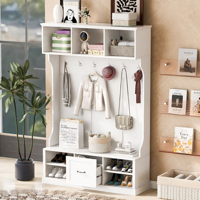 Hall Tree With 6 Hooks, Coat Hanger, Entryway Bench