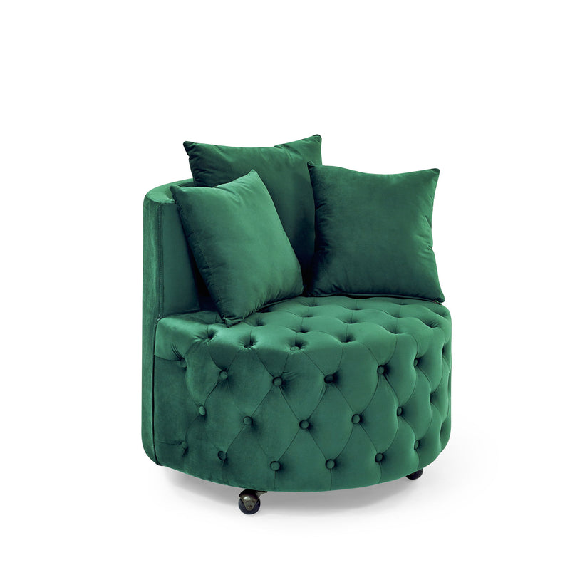 Modern Upholstered Swivel Chair With Button Tufted Design And Movable Wheels