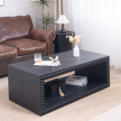 Beaded Edge Coffee Table, Rectangular Center Table With Open Storage Shelf - Black