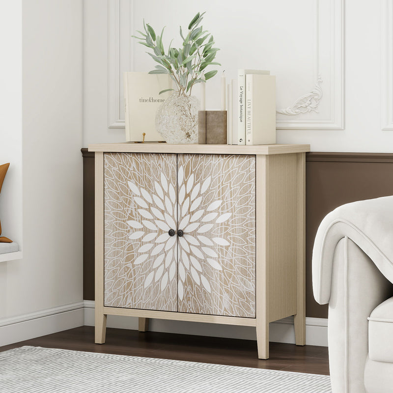2 Door Carved Storage Cabinet With Adjustable Shelf, Accent Furniture