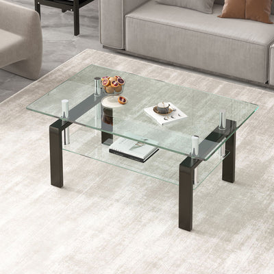 Tempered Clear Glass Coffee Table, 2-Layers Coffee Table Living Room Center Table - Black