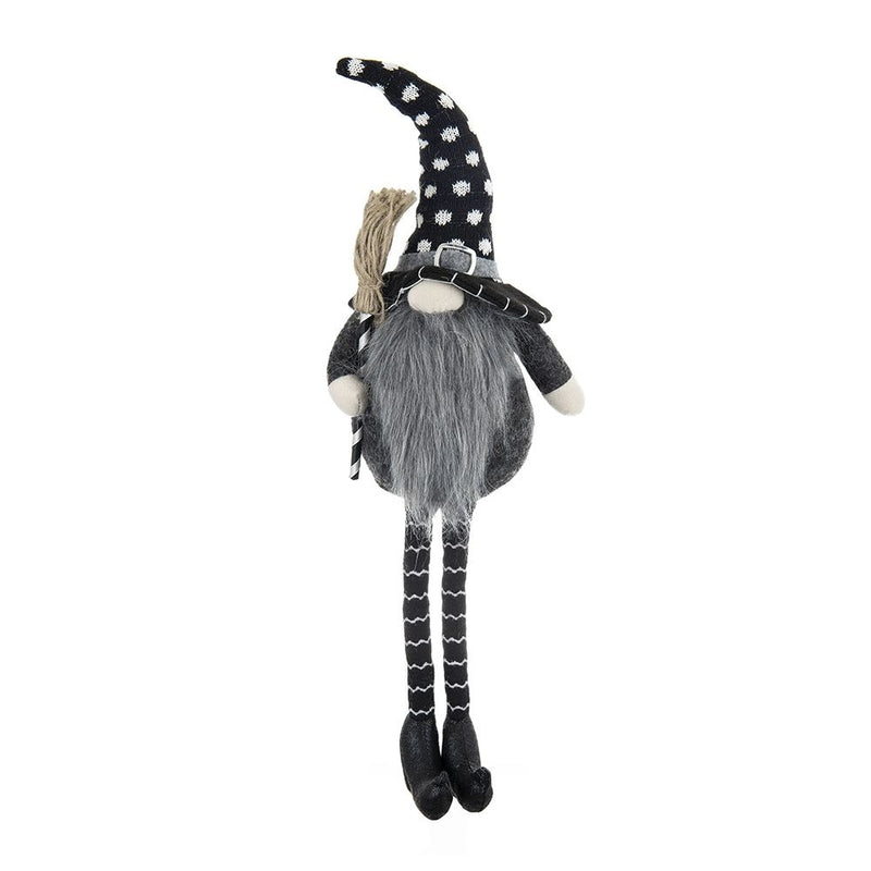 Sitting Gnome With Broomstick & Soft Legs, For Halloween Decor - Black White