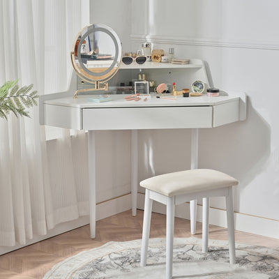 Modern Corner Makeup Vanity Desk With Large Storage, LED Mirror & Stool, Adjustable Brightness, Space Saving - White